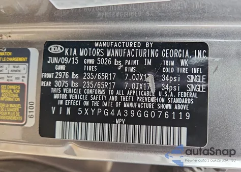 2016 Kia Sorento Lx from USA, damaged, VIN 5XYPG4A39GG076119